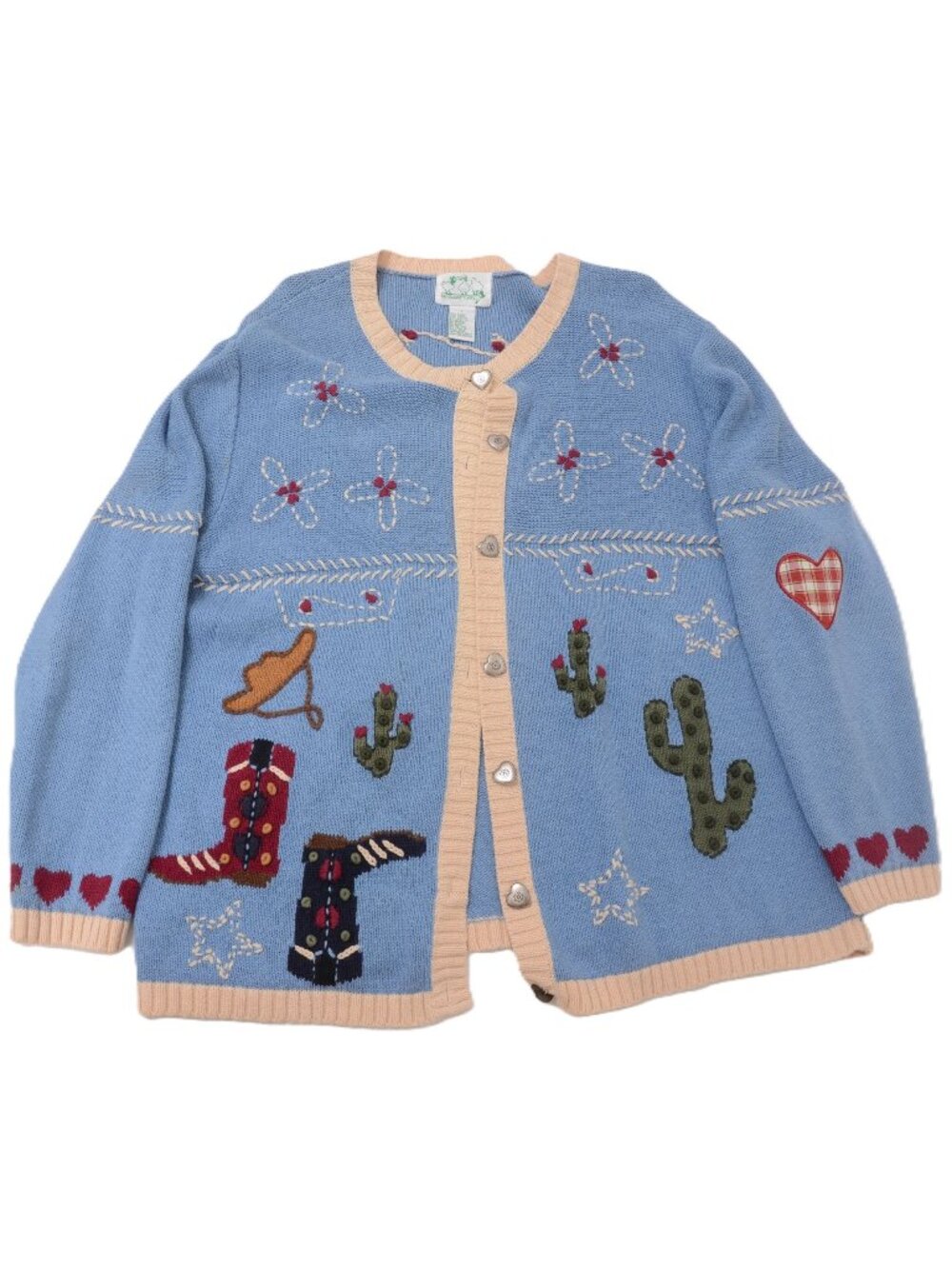 The Quacker Factory Women Size LG Cowboy Boots Cactus Hearts Cardigan Sweater